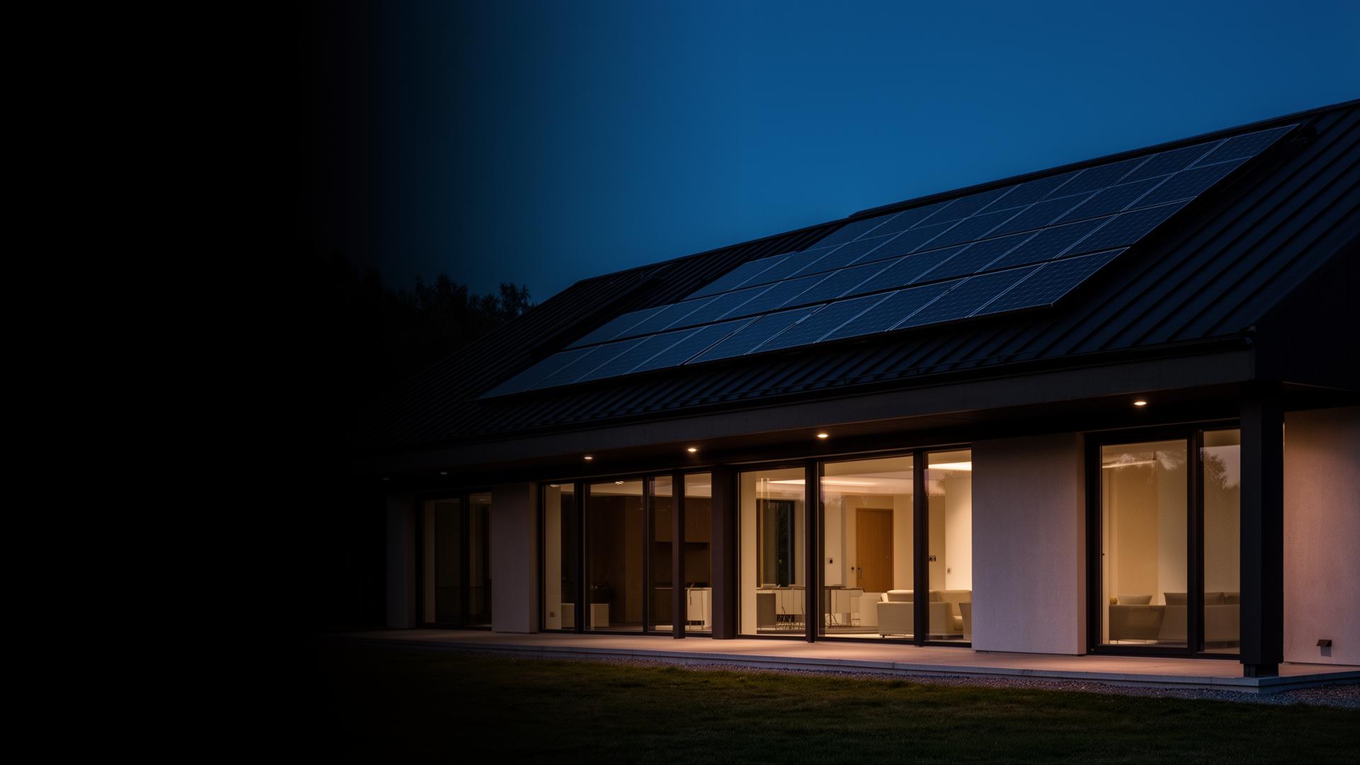 Hus med solceller och stora fönster i kvällsljus